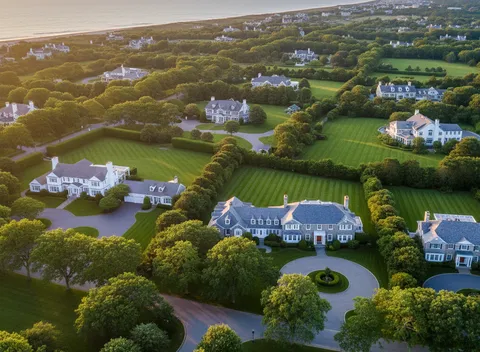 Aerial view of large oceanfront estates on green lawns at sunset